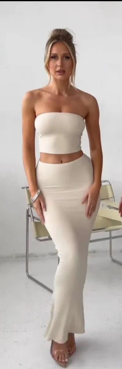 Elegant Beige Strapless Maxi Set