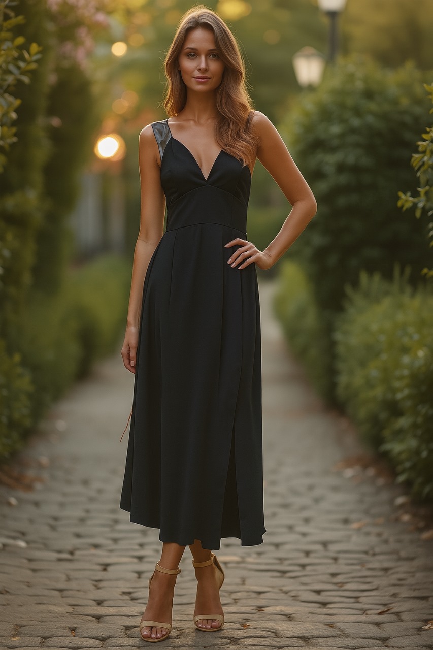Classic Black V-Neck Midi Dress