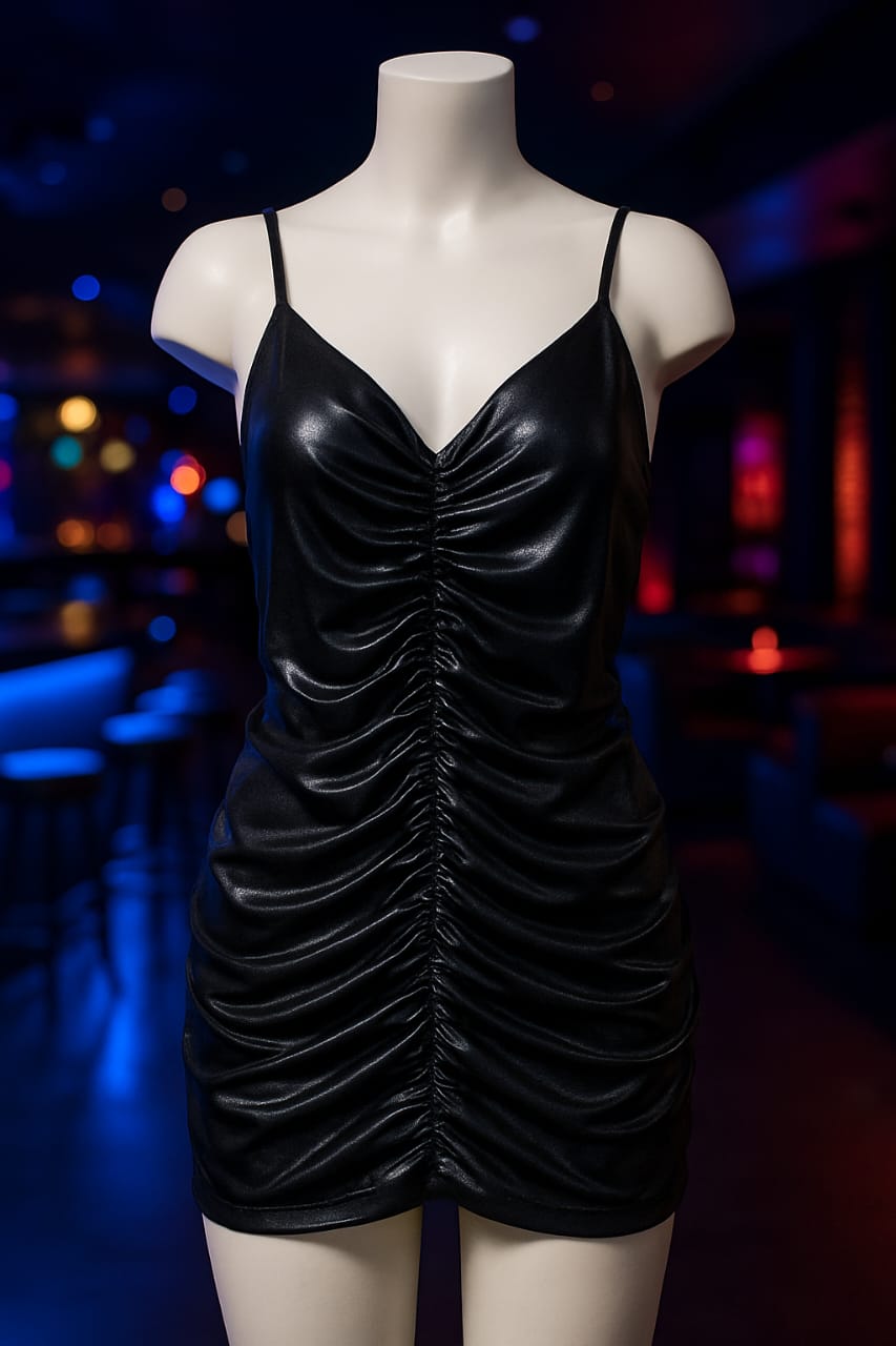 Black Ruched Faux Leather Bodycon Mini Dress